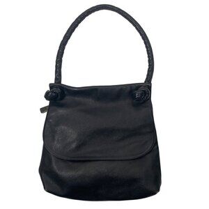 Liza Ganz Black Leather minimalist shoulder bag Knotted Strap & Zipper Closure